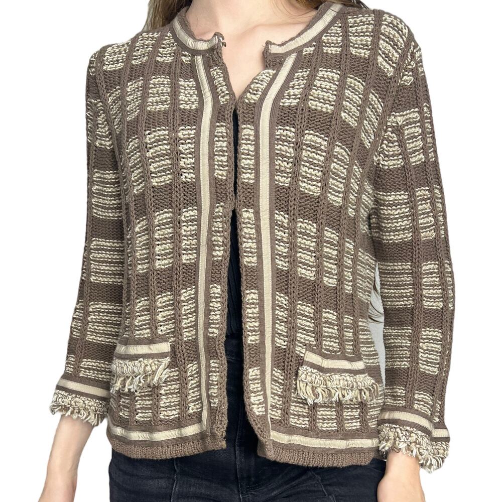 Chico’s Striped Knit Cardigan Sweater Brown Tan Striped 2/Large